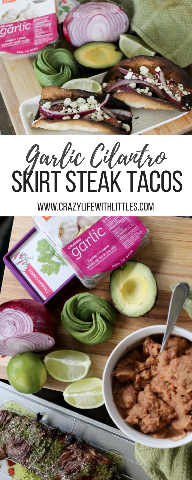 Easy Grilled Skirt Steak Tacos with a Garlic Cilantro Sauce. Grab Pop and Cook Crushed Garlic and Chopped Cilantro in the Frozen Vegetable aisle sold exclusively at Walmart.
