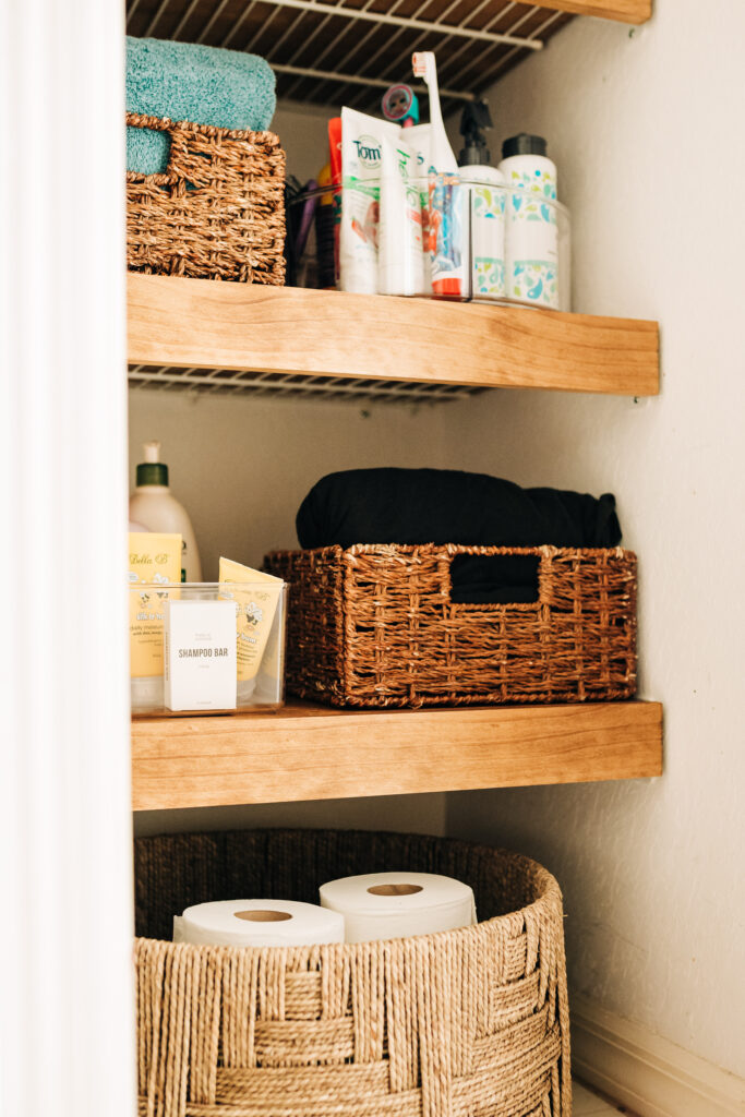 Organize Your Bathroom Linen Closet, How To Organize Open Shelves In Bathroom