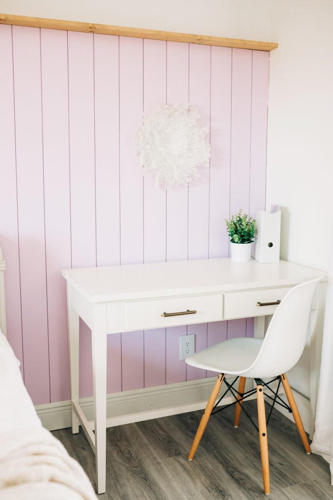 boho chic girl's bedroom makeover with vertical shiplap and photo ledge