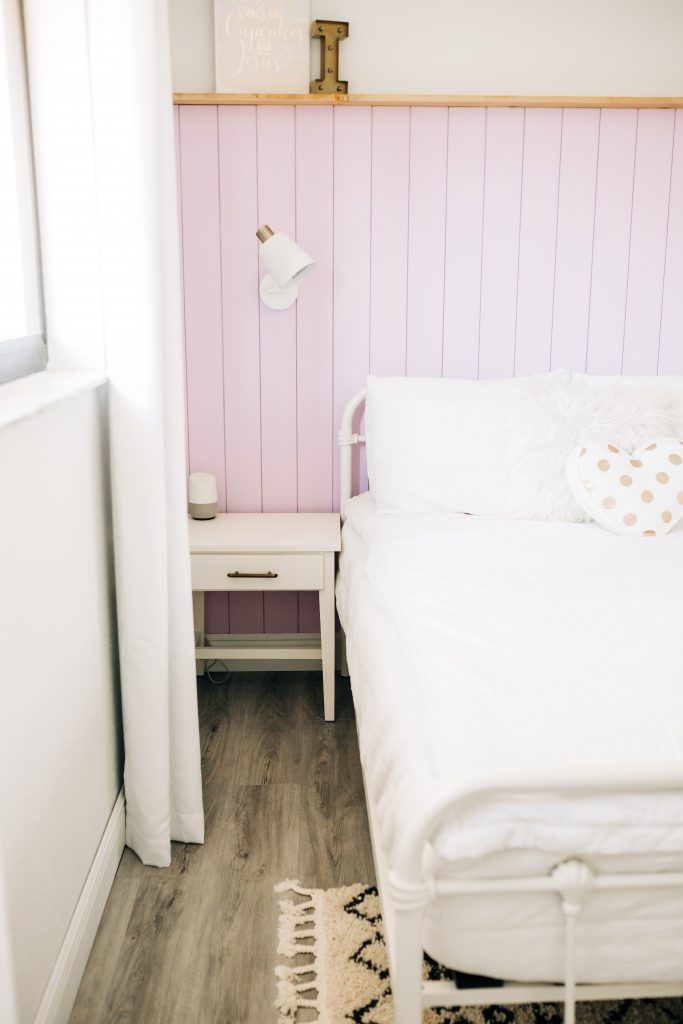 boho chic girl's bedroom makeover with vertical shiplap and photo ledge