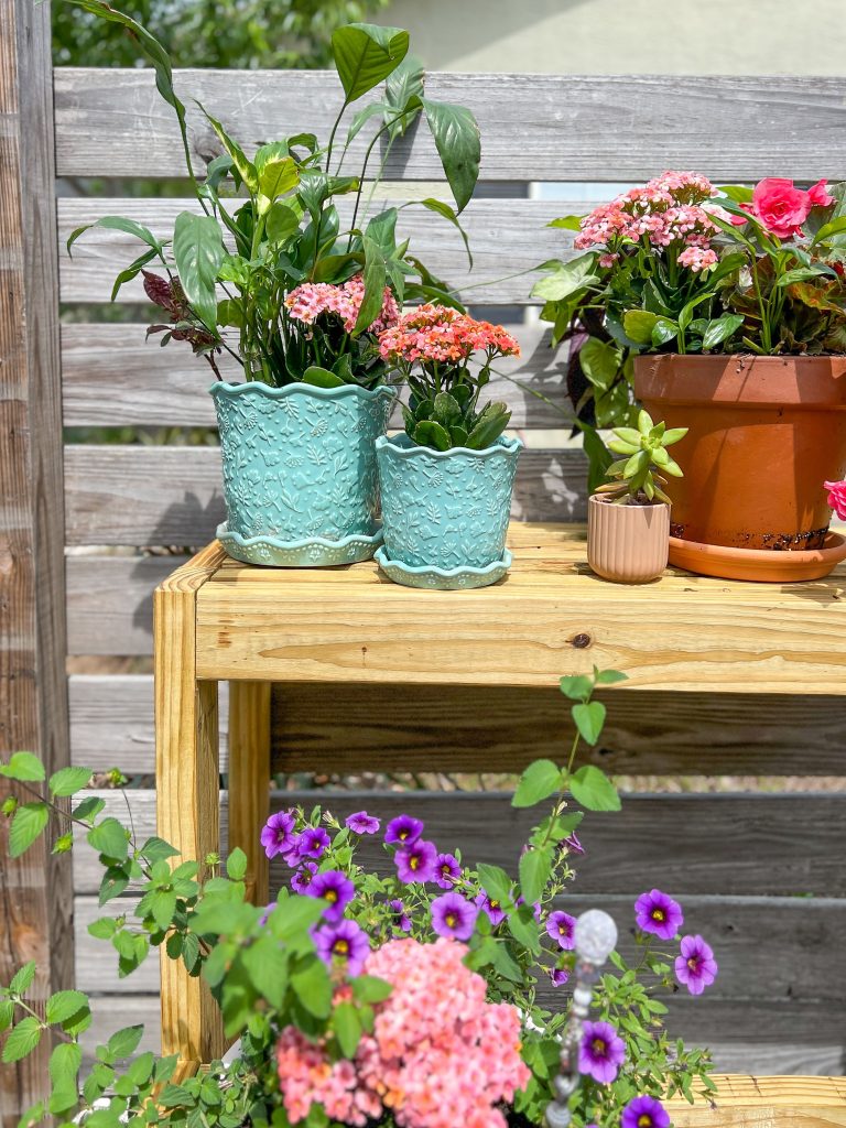 diy outdoor plant stand; 2 tier plant shelf