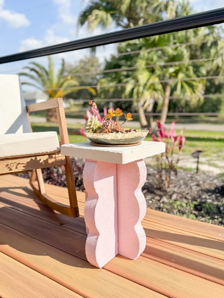 diy outdoor table; scalloped edger concrete table